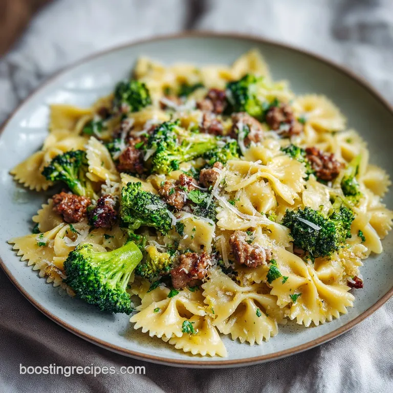 A rustic ceramic bowl filled with hearty farfalle, studded with glistening sausage and tender broccoli, artfully arranged.