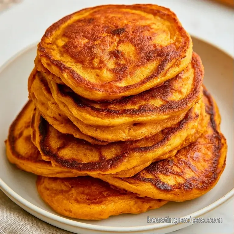 Neatly stacked orange pancakes on a white ceramic plate, garnished with microgreens and a drizzle of creamy sauce.