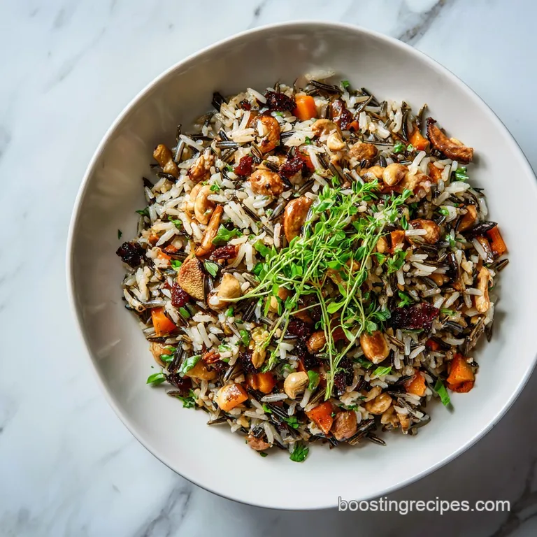 A vibrant mound of wild rice pilaf, showcasing varied earthy tones and textures, elegantly served in a rustic bowl.