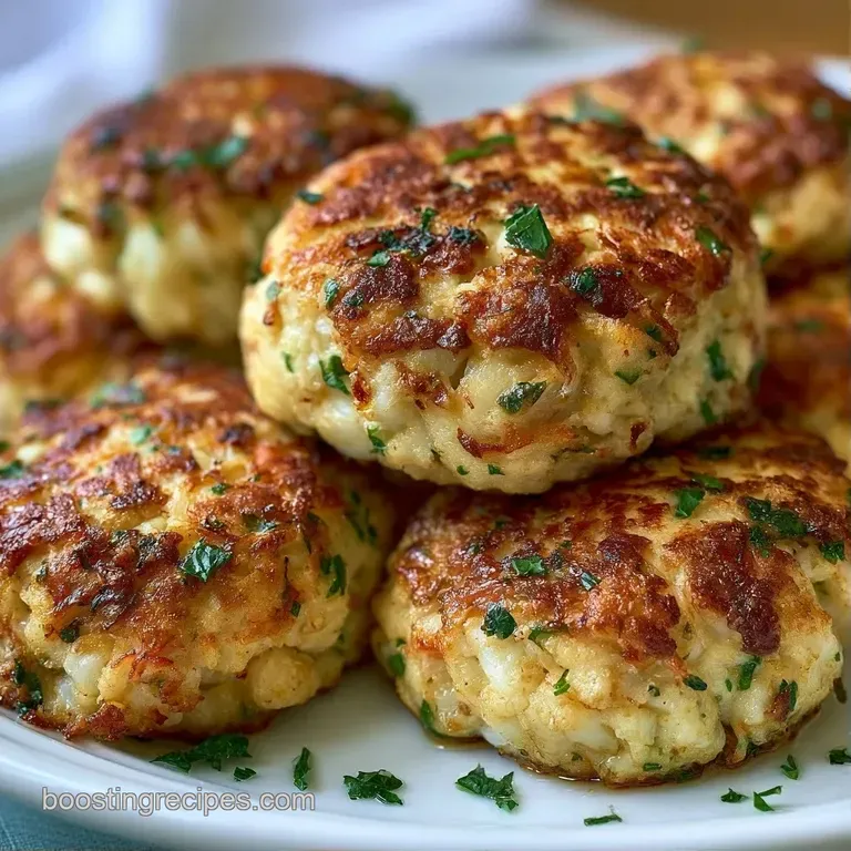 Two seared seafood patties on a white plate with a swirl of sauce, microgreens, and a bright yellow lemon slice.
