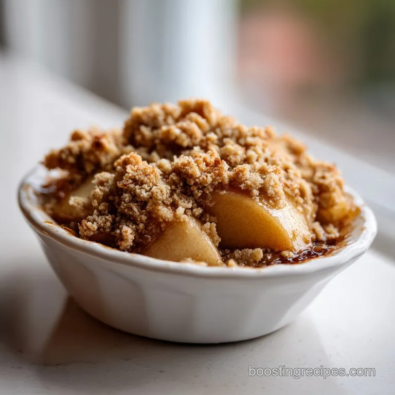 A scoop of vanilla ice cream melting over warm, toasted oat crumble and tender slices of spiced apple.