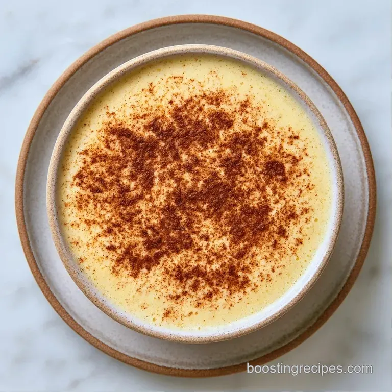 Frothy pale yellow beverage in a chilled glass on a marble surface, garnished with cinnamon and sliced bananas.