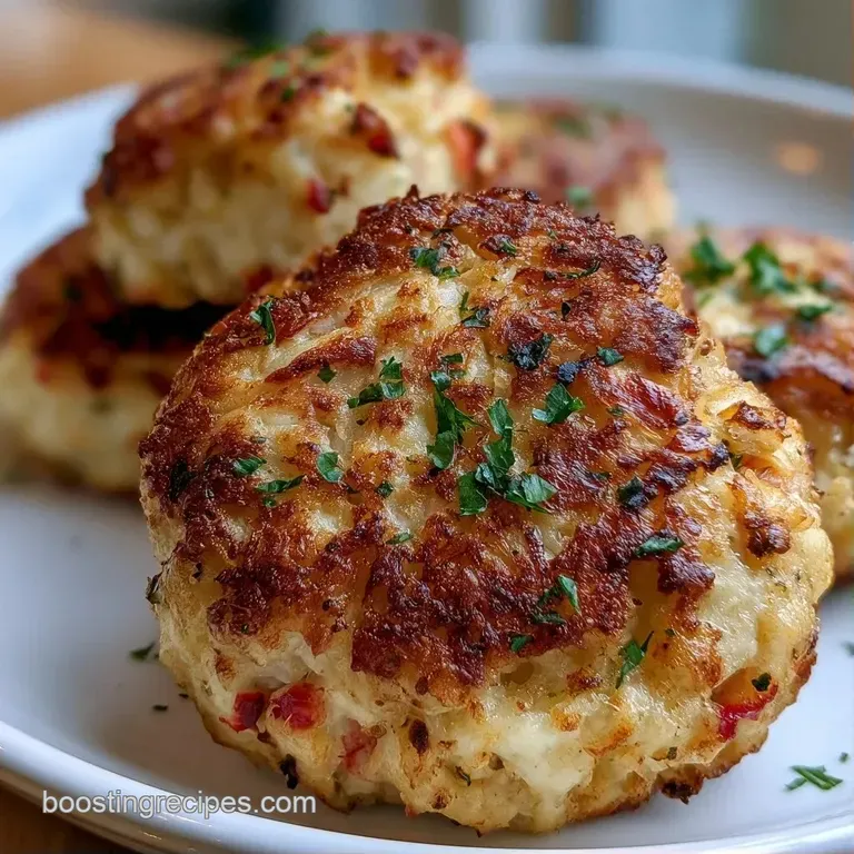 Three seared seafood cakes on a white plate with a dollop of creamy remoulade and a sprig of fresh green microgreens.