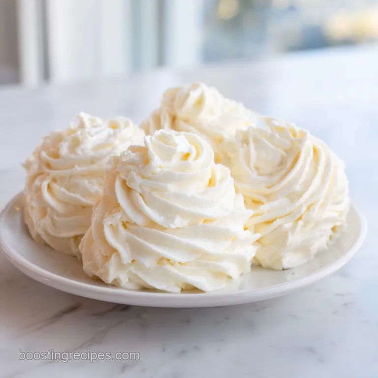 An elegant swirl of thick white buttercream piped onto a cake, garnished with a dusting of powdered sugar.