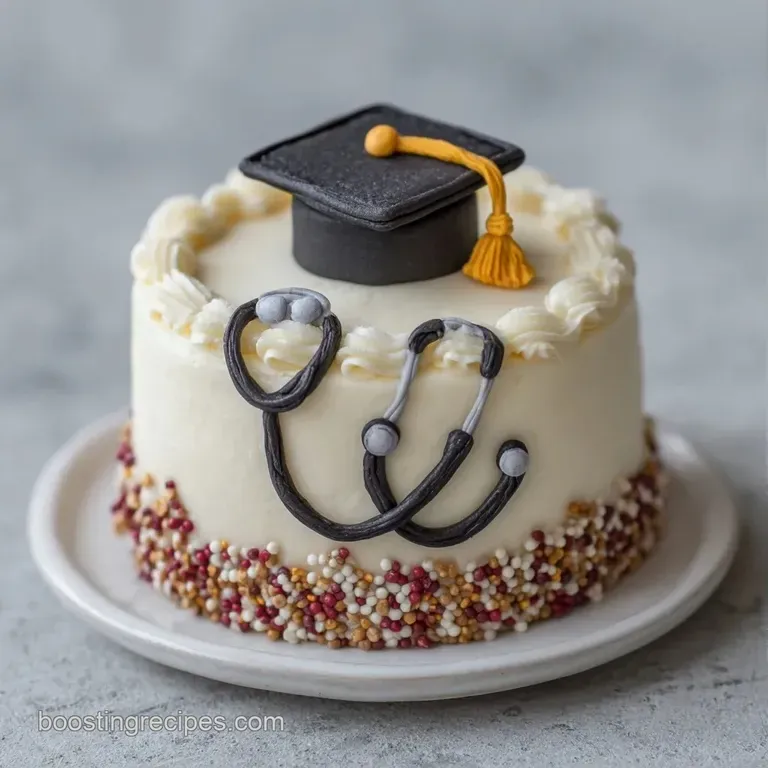 A pristine white frosted cake on a silver platter, adorned with a small black graduation cap and medical accessories.