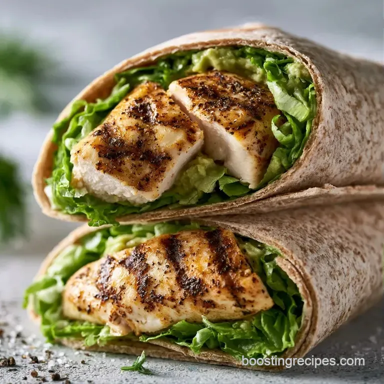 Two halved wraps sliced diagonally on a white ceramic plate with a side of fresh greens and a wedge of lemon.