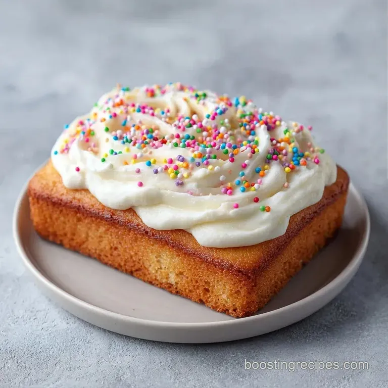 A perfectly cut square of moist cake topped with creamy white icing, served on a minimalist white porcelain plate.
