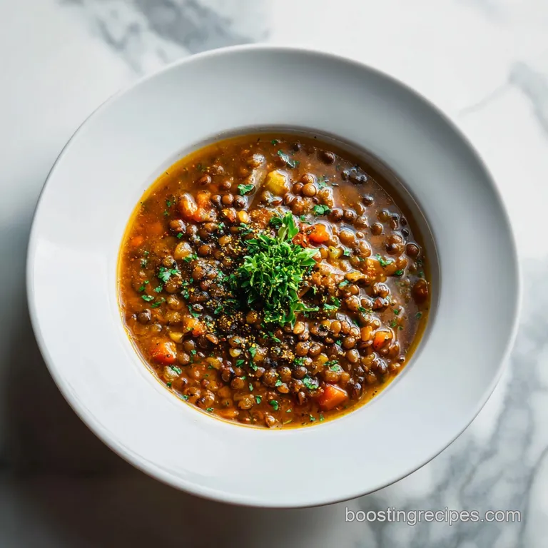 A steaming bowl of hearty lentil soup, artfully garnished with fresh parsley and a swirl of cream.