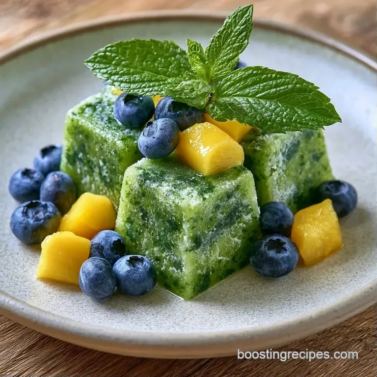 Assorted frozen fruit cubes in bright hues of magenta and emerald arranged on a minimalist white ceramic plate.
