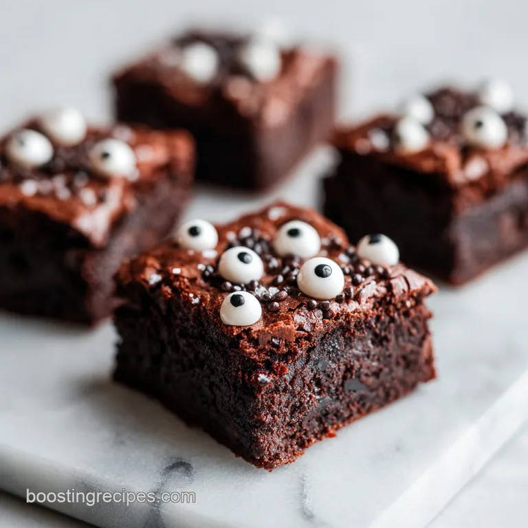 A single square of rich chocolate fudge on a white plate, dusted with powdered sugar and a small orange garnish.