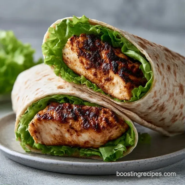 Two diagonally sliced wraps stacked on a white plate with a side of bright dipping sauce and a sprig of fresh parsley.