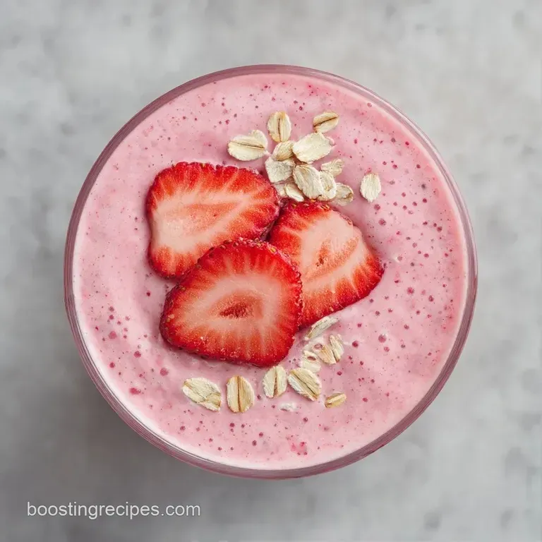 Frothy pink beverage in a chilled glass beside a bowl of raw oats and sliced berries on a light marble surface.