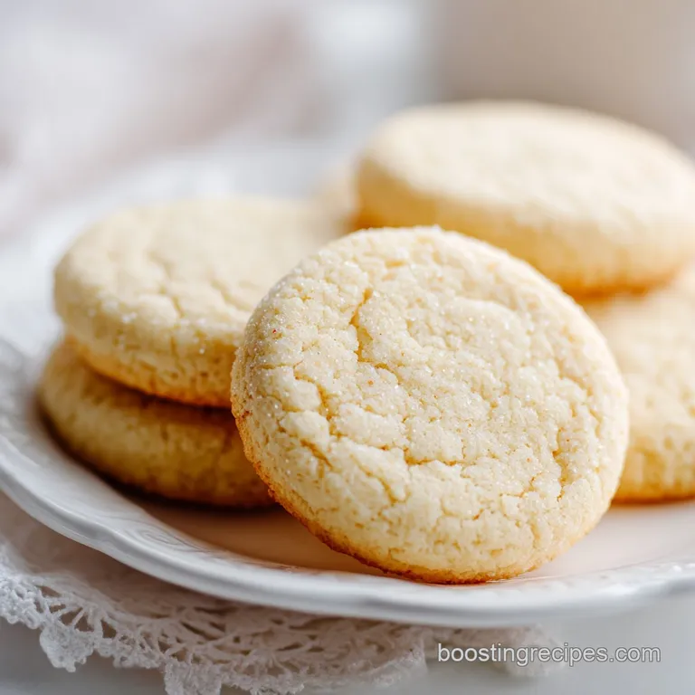 A stack of delicate, round sugar cookies artfully arranged on a white ceramic plate with a few scattered sprinkles.