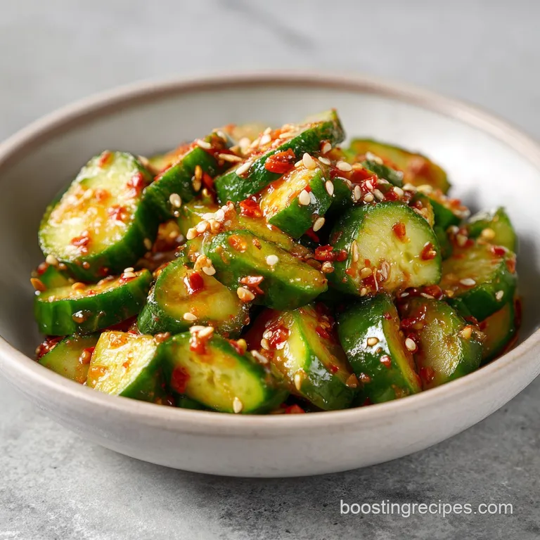 Thinly sliced cool cucumber ribbons artfully arranged with chili flakes and sesame seeds on a white plate.