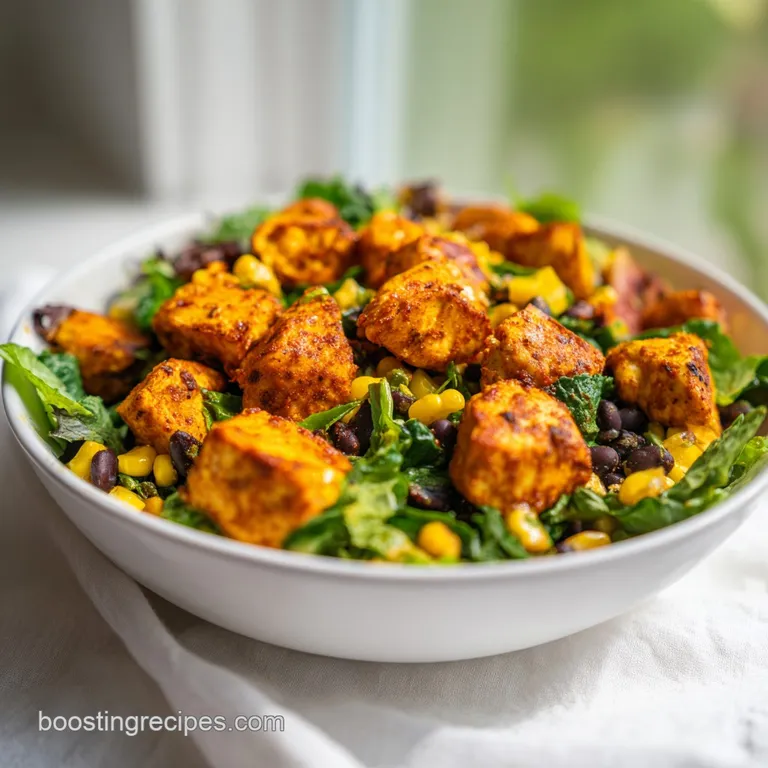 Brightly colored bowl of grilled chicken, corn, and avocado arranged neatly on a rustic wooden table surface.