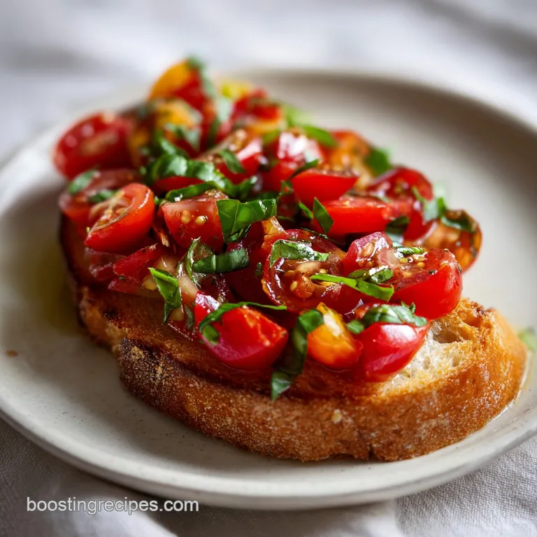 Artfully arranged bruschetta on a white plate, showcasing toasted bread topped with bright, juicy tomatoes and herbs.
