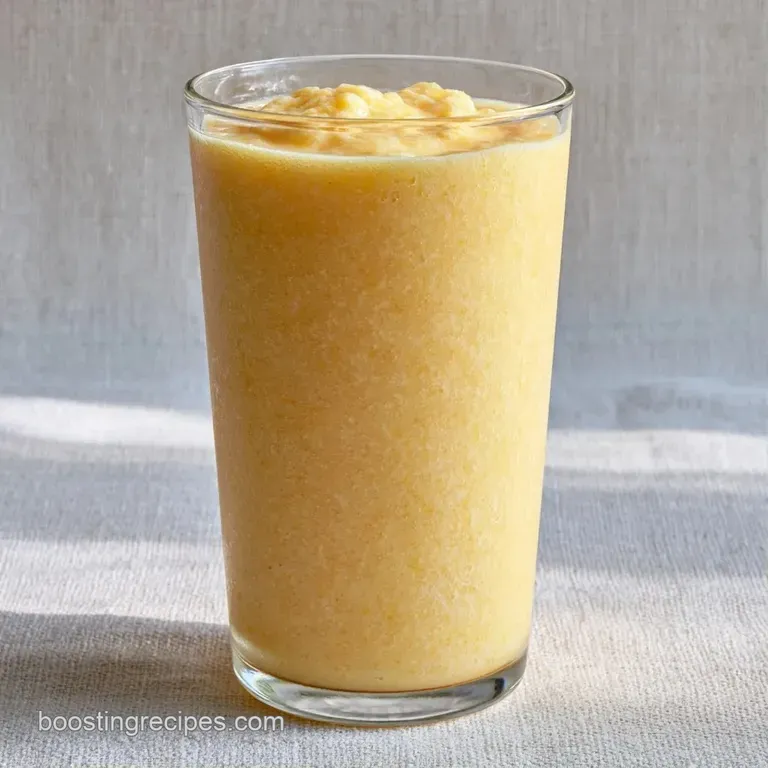 A frosted glass of thick white smoothie garnished with a pineapple wedge and a mint leaf on a sunny wooden table.