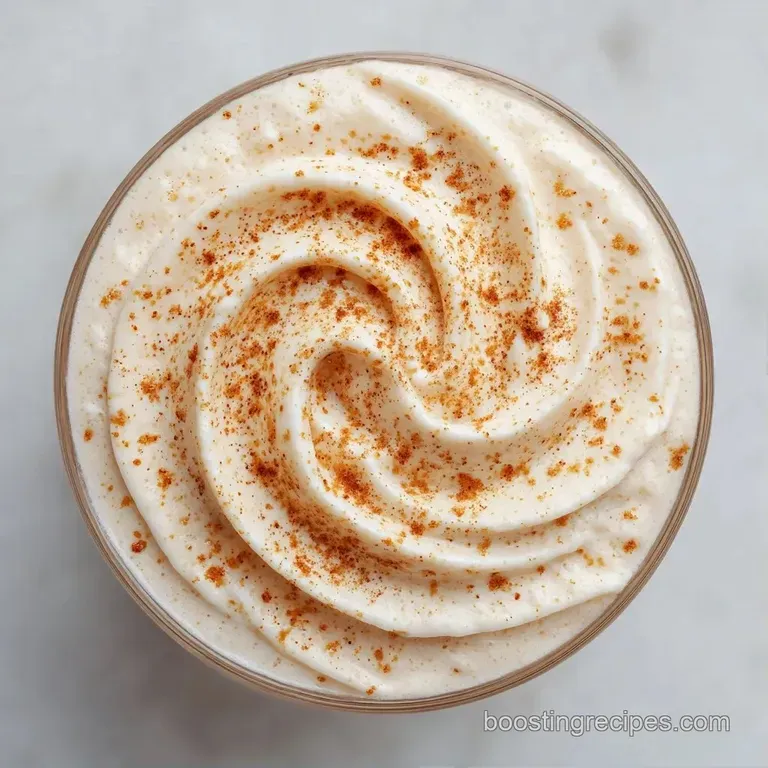 A chilled glass of smooth cream-colored shake garnished with a fresh mint leaf and a sprinkle of cinnamon powder.