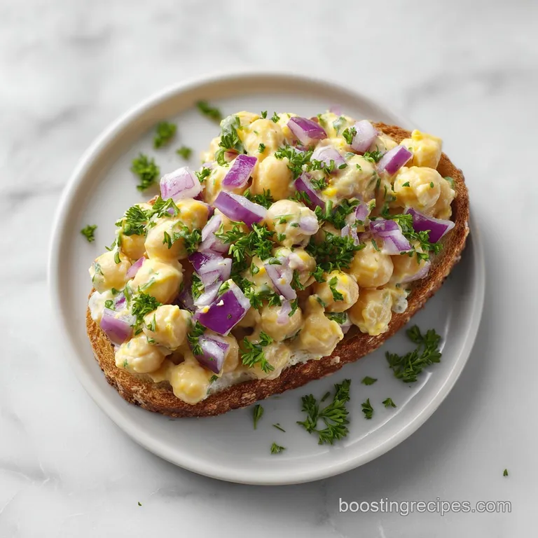 A scoop of chunky chickpea salad on toasted sourdough with fresh sprouts and lemon on a slate grey plate.