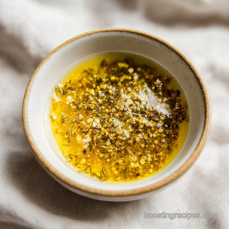A small white ceramic bowl of golden vinaigrette beside crisp cucumber slices and dark purple Kalamata olives.